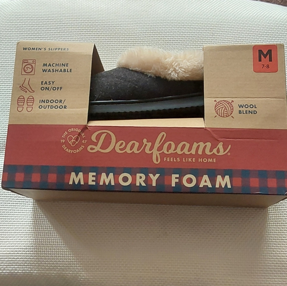 NEW in Box DEARFOAMS Black Wool Slippers Faux Fur Lined Size M 7-8